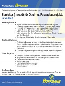 Job Stellenanzeige Hoffmann Bauleiter (m/w/d) für Dach- u. Fassadenprojekte