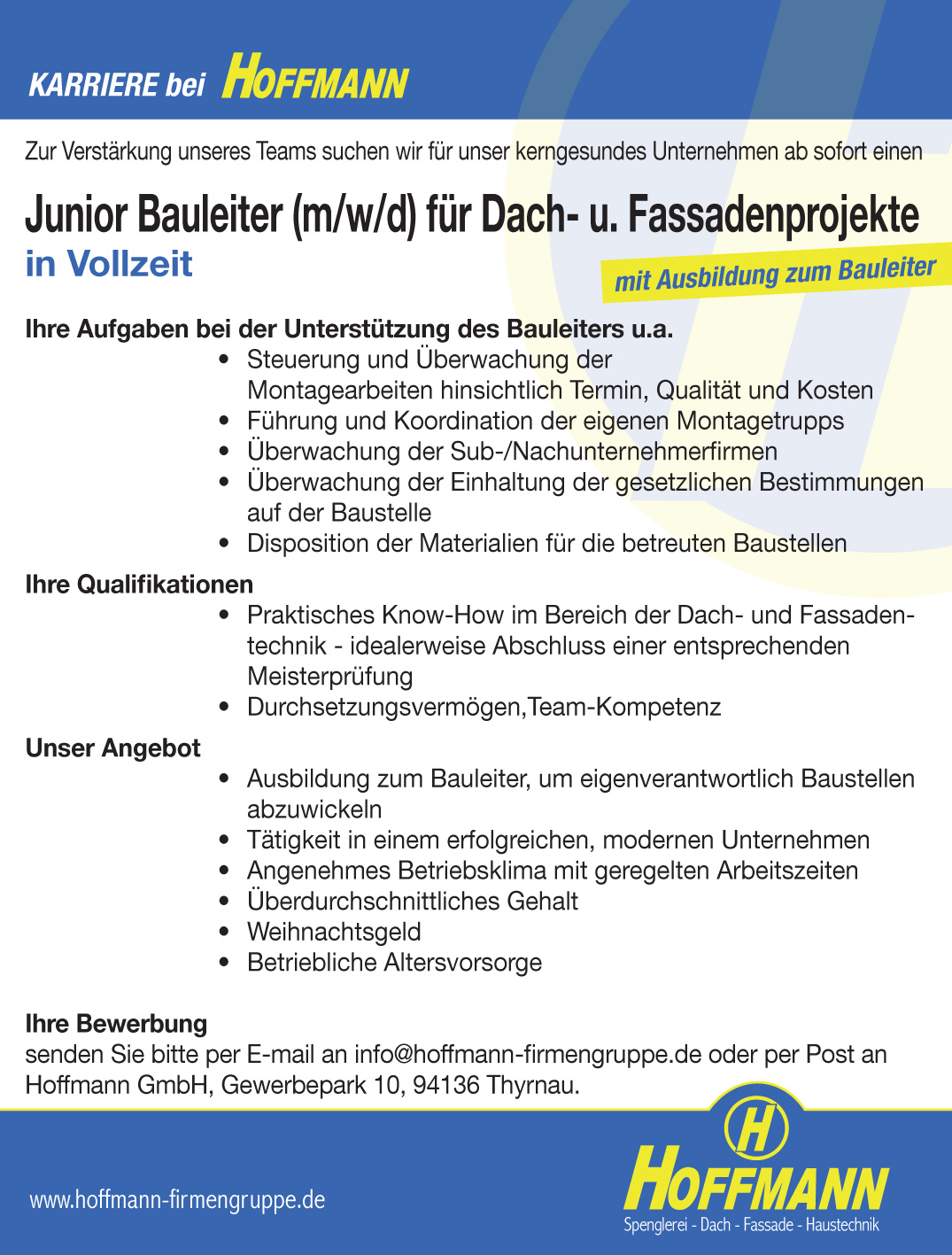 Job Stellenanzeige Hoffmann Junior Bauleiter (m/w/d) für Dach- u. Fassadenprojekte