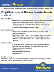 Hoffmann GmbH Job Karriere Stellenanzeige Projektleiter (m/w/d) für Dach- und Fassadentechnik in Vollzeit