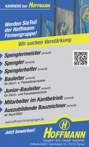 Hoffmann sucht Spenglermeister, Spengler, Spenglerhelfer, Bauleiter, Junior-Bauleiter, Mitarbeiter im Kantbetrieb, Auszubildende Bauzeichner (m/w/d)