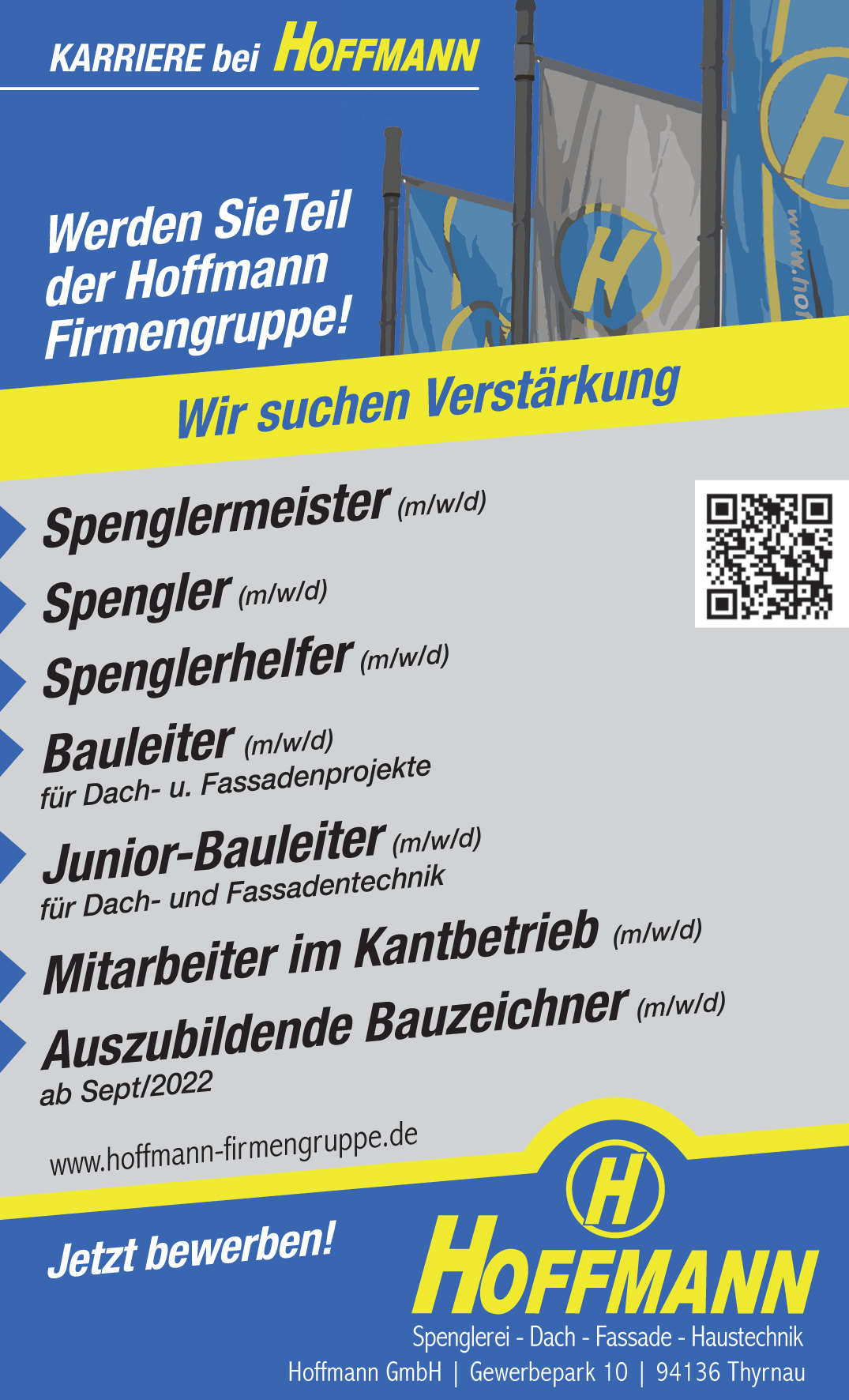 Hoffmann sucht Spenglermeister, Spengler, Spenglerhelfer, Bauleiter, Junior-Bauleiter, Mitarbeiter im Kantbetrieb, Auszubildende Bauzeichner (m/w/d)